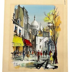 Original Watercolor by F Claude Sacre Coeur and Paris Street Scene Antique